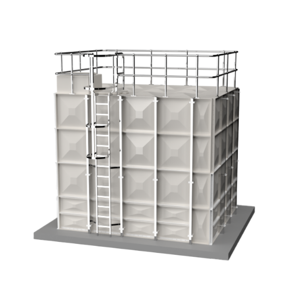 Water tank with ladder and guardrails