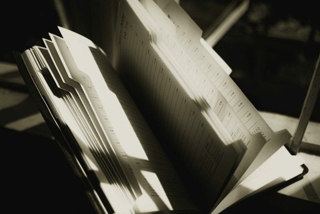 Open diary with pages lit by sunlight casting shadows, creating a dramatic contrast.