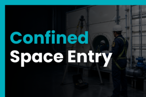 Maintenance workers preparing for confined space entry into a GRP cold water storage tank with safety equipment and access controls.