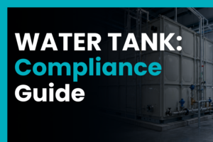 Technician inspecting a GRP water storage tank in a plant room, representing UK water tank compliance, standards, and specification checks.
