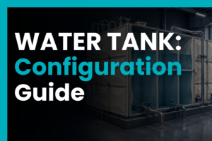 Cutaway GRP sectional water storage tank showing internal compartments, pipework, access ladder, and tank configuration details.