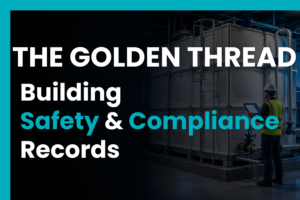 Engineer reviewing digital records beside a GRP water storage tank in a plant room, representing building regulations, the Golden Thread, compliance documentation, and asset accountability.