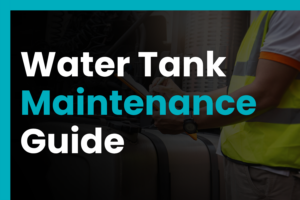 Technician inspecting the inside of a GRP cold water storage tank as part of water tank maintenance, cleaning, and Legionella control.