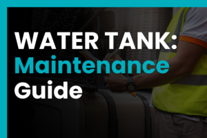 Technician inspecting the inside of a GRP cold water storage tank as part of water tank maintenance, cleaning, and Legionella control.
