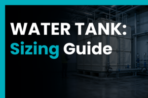 Engineer reviewing plans beside a large GRP water storage tank, representing water tank sizing, capacity, and storage planning.