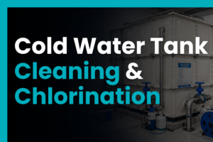 GRP cold water storage tank with cleaning and chlorination equipment in a plant room, representing tank disinfection and hygiene compliance.