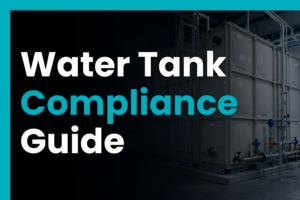 Technician inspecting a GRP water storage tank in a plant room, representing UK water tank compliance, standards, and specification checks.