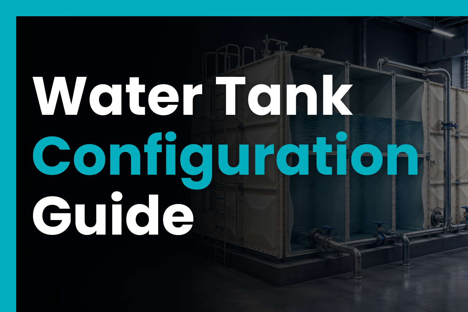 Cutaway GRP sectional water storage tank showing internal compartments, access ladder, pipework, and tank configuration options in a plant room.
