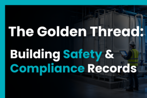 Engineer reviewing digital compliance records beside a GRP water storage tank in a plant room, representing building regulations, Golden Thread documentation, and asset accountability.