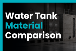 GRP, steel, and concrete water storage tanks shown side by side in an industrial plant room for material comparison.