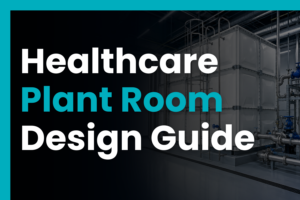 Healthcare plant room with GRP water storage tank, access ladder, pipework, and blue valves, representing plant room design for reliable hospital water storage.