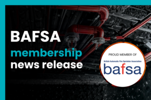 BAFSA membership news release featured image with red fire sprinkler pipes, sprinkler heads, and a BAFSA proud member badge.
