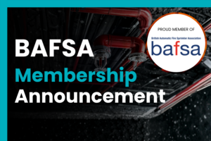 BAFSA membership news release featured image with red fire sprinkler pipes, sprinkler heads, and a BAFSA proud member badge.