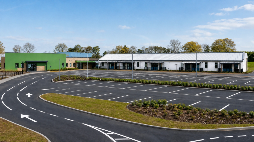 Exterior view of a modern school campus with a large car park, access roads, landscaped areas and several low-rise school buildings, surrounded by mature trees under an overcast sky.